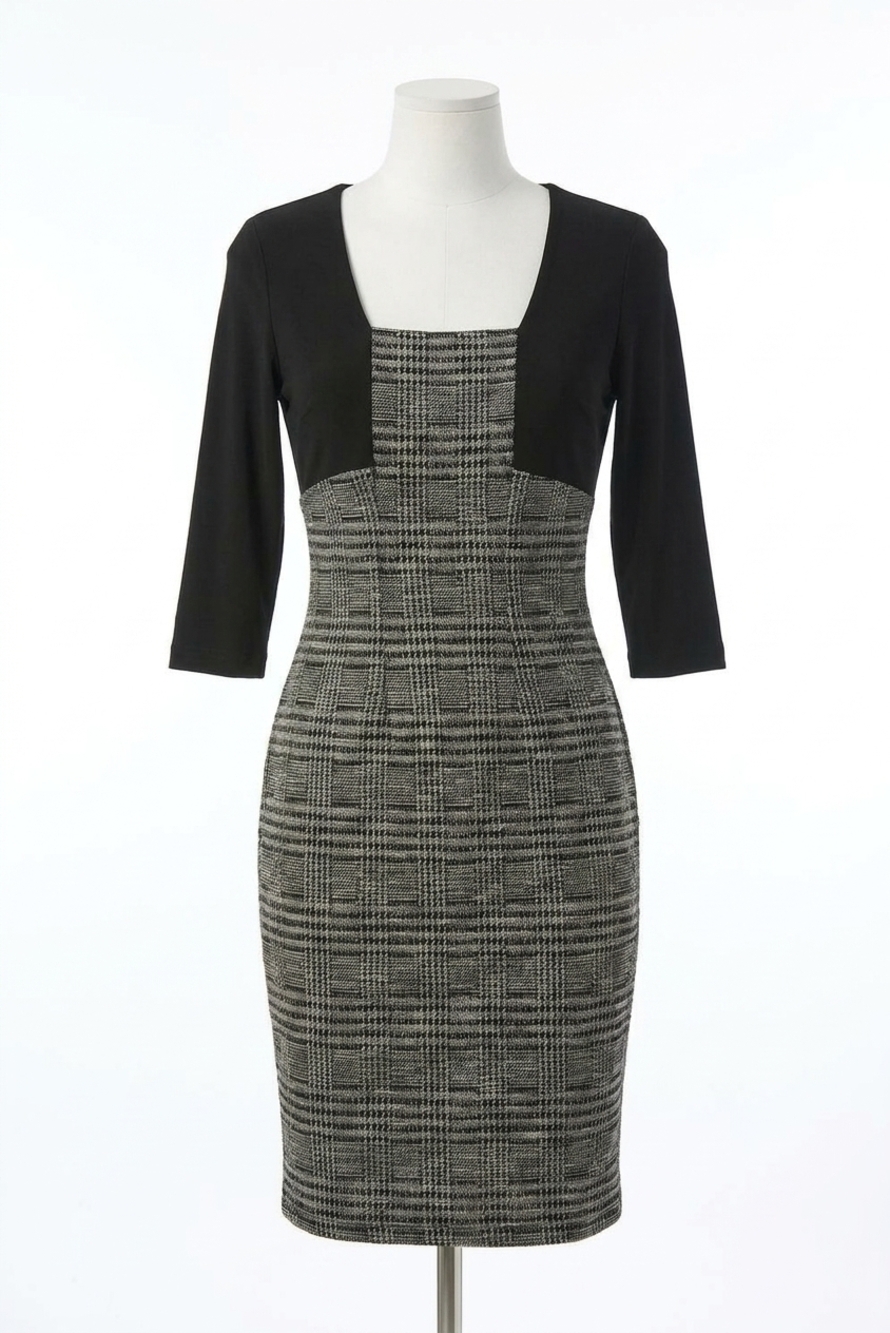 NEW JOSEPH RIBKOFF plaid print 3/4 sleeves sheath dress in black/white